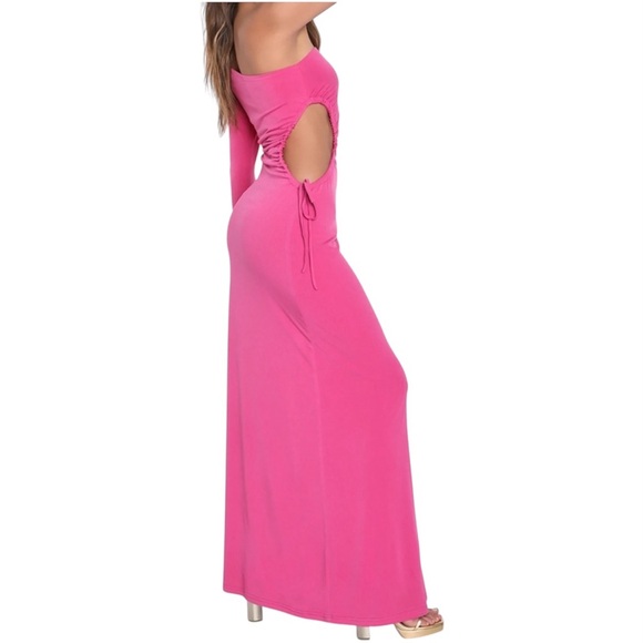 Lulu’s‎ Sweet Flirt Pink Long Sleeve One-Shoulder Cutout Maxi Dress - Picture 2 of 11